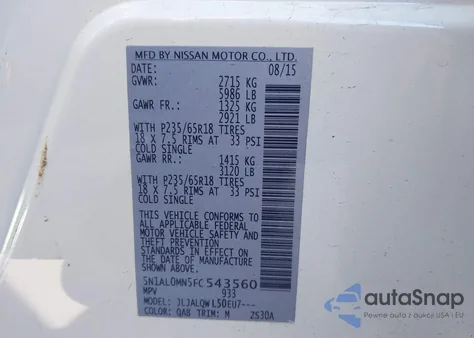 2015 Infiniti Qx60 from USA, damaged, VIN 5N1AL0MN5FC543560